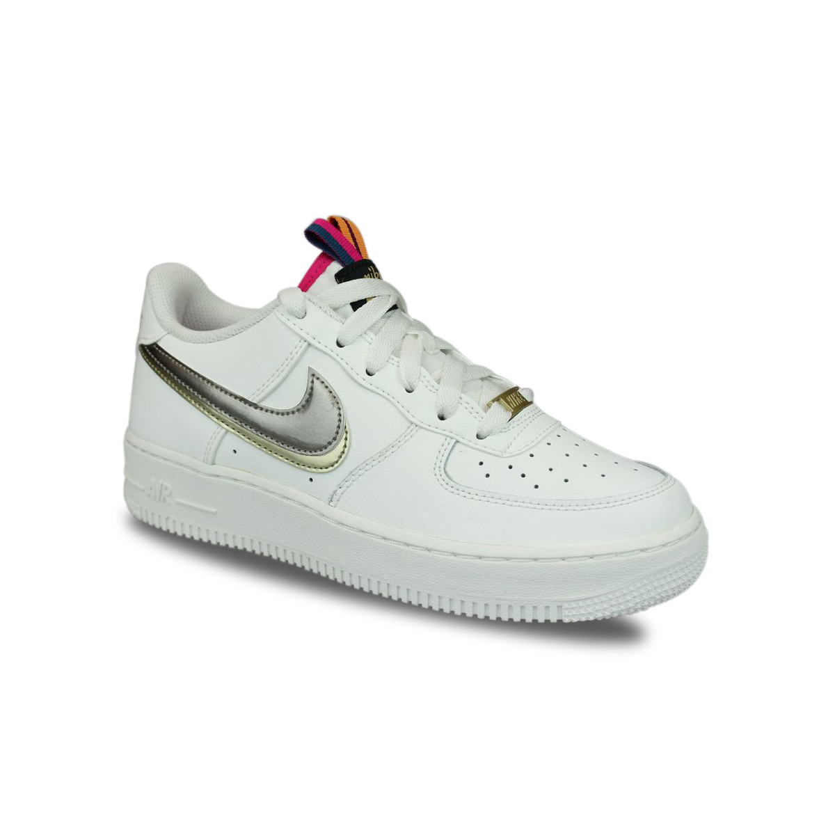 Nike Air Force 1 LV8 Double Swoosh Silver Gold Blanc